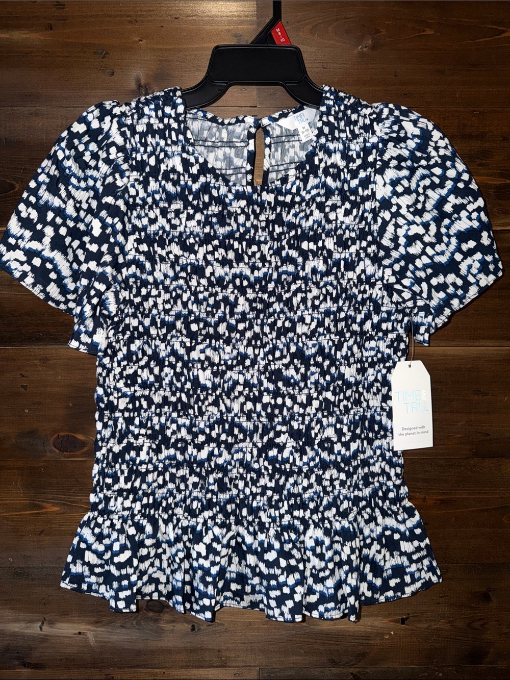 Time and Tru Navy and White Smocked Peplum Blouse